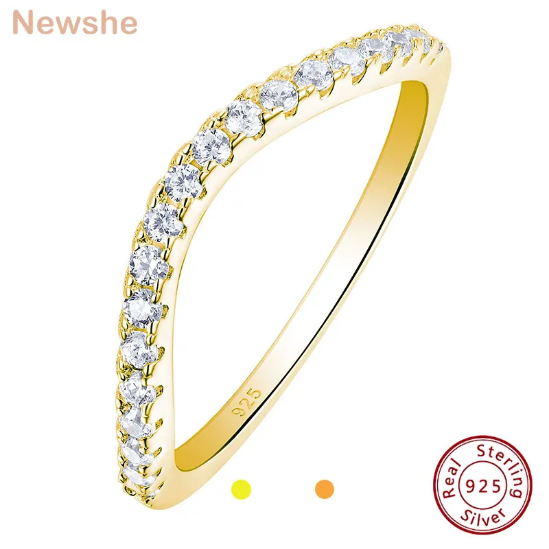 Newshe Rose Yellow Gold Curved Wedding Bands for Women Stacking Solid 925 Sterling Silver Eternity Rings Cz Wishbone Size 4-13