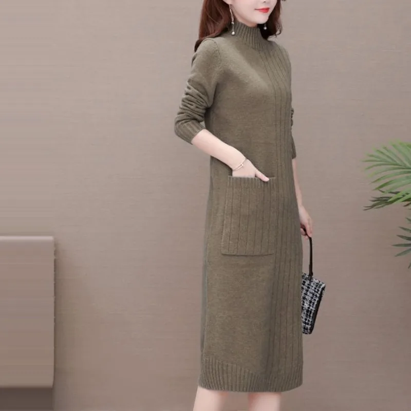 Autumn and Winter Women\'s Pullover Round Neck Patchwork Pocket Screw Thread Bottom Fashion Casual Elegant Long Sleeve Dress