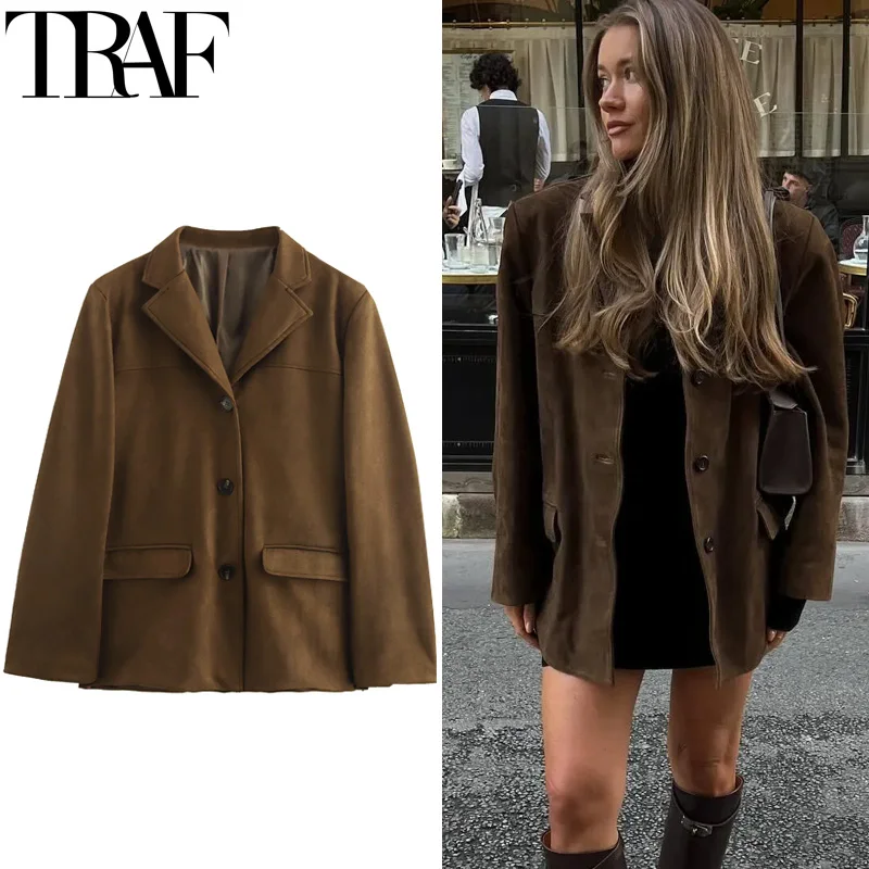 TRAF Suede Jacket For Women Office Wear Women's Blazers Outerwears Autumn Long Sleeve Solid Blazer Casual Elegant Woman Blazer