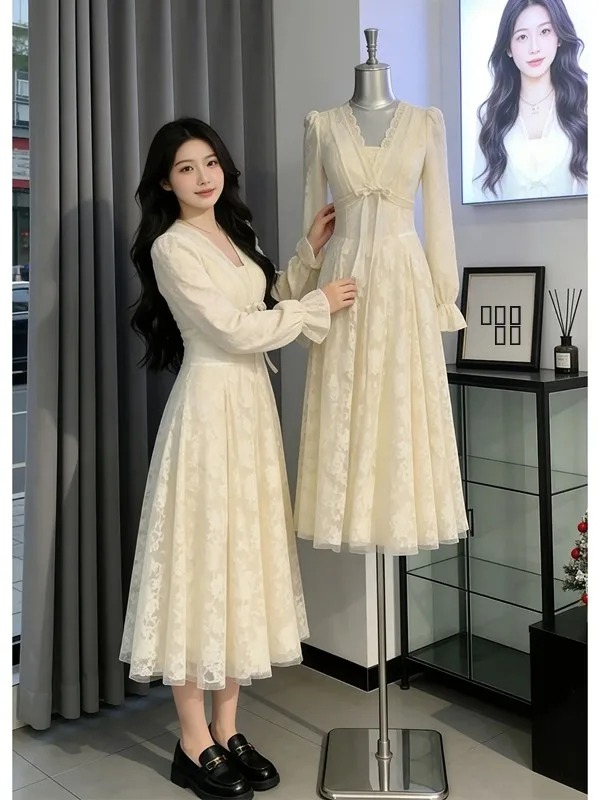 

Ele Lace Floral Print Fro Dr with Belt Thiened Fce Winter Dr Women's Faion Casual Dres