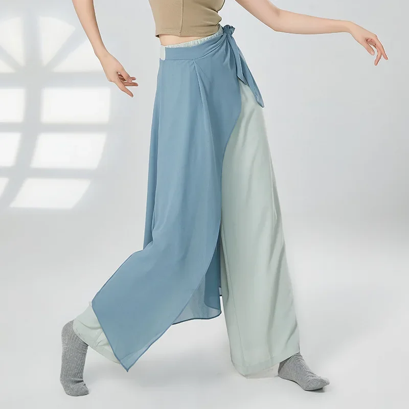 Chinese Folk Dance Classical Dancing Pants Women Loose Wide Leg Trouser 2 Layers Dancewear Side Split Ballet Practice Pants