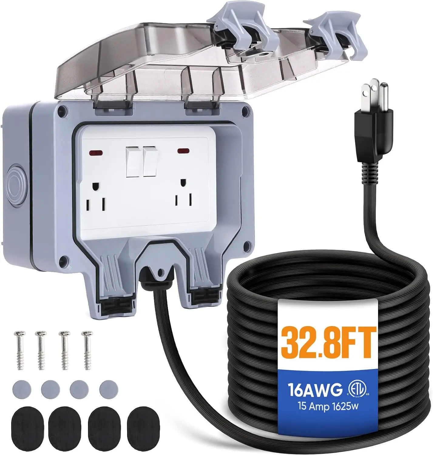 Outdoor Power Outlet, Extension Cord Waterproof Double Wall Extender with On-Off Switch and Indicator Light, Exterior Electric