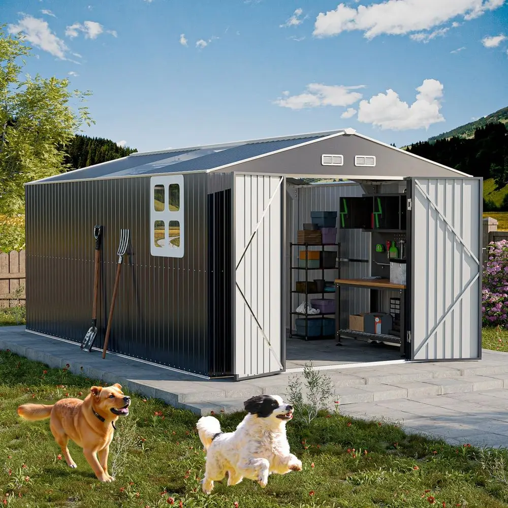 

10x16 футов. Стальной усиленный навес для хранения на открытом воздухе с прозрачной крышей, вентиляцией и запирающейся дверью — идеально подходит для сада, газона и