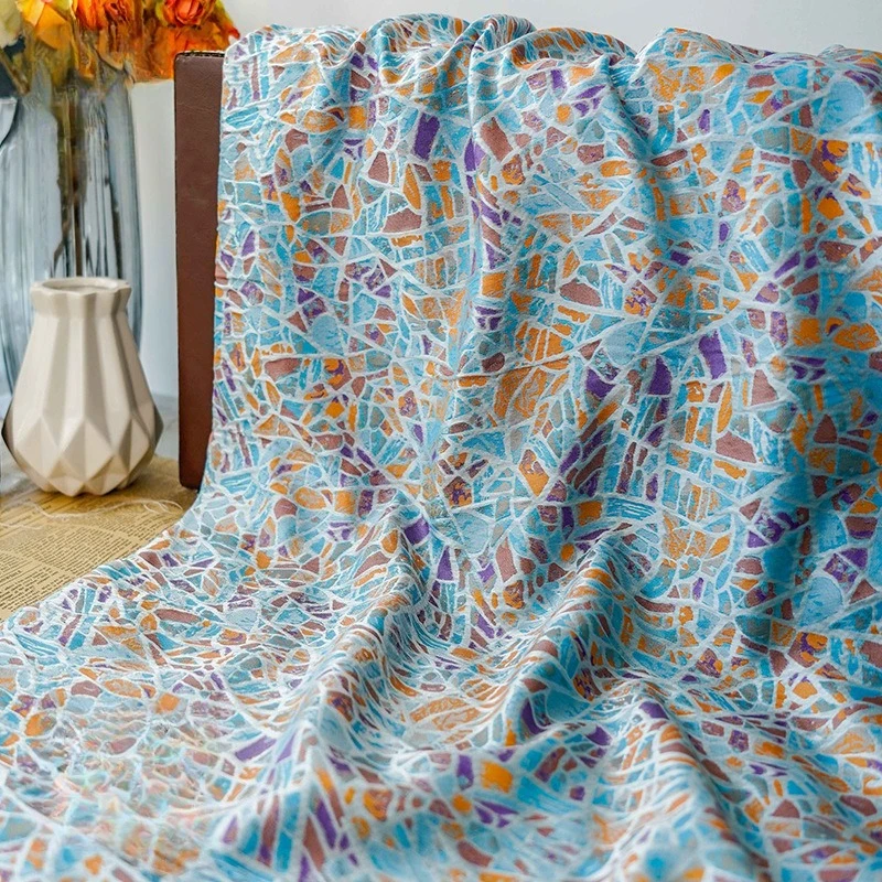 

Мягкая свежая синяя жаккардовая ткань в стиле Харадзюку, фиолетово-оранжевый цвет, яркий материал для платья для весенне-осенних женщин