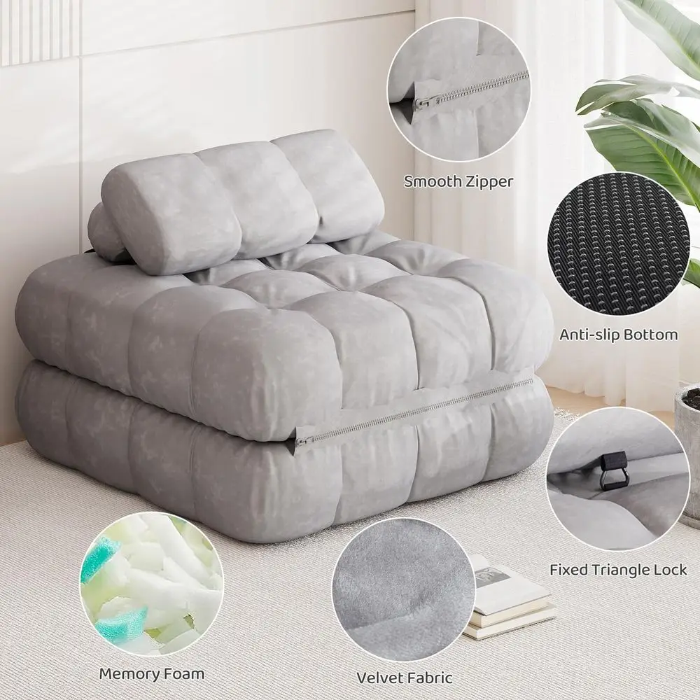 سرير أريكة فوتون فردي باللون الرمادي، كرسي نوم قابل للتحويل مع وسادة، مرتبة قابلة للطي للاستراحة المحمولة في غرفة المعيشة أو السرير #6