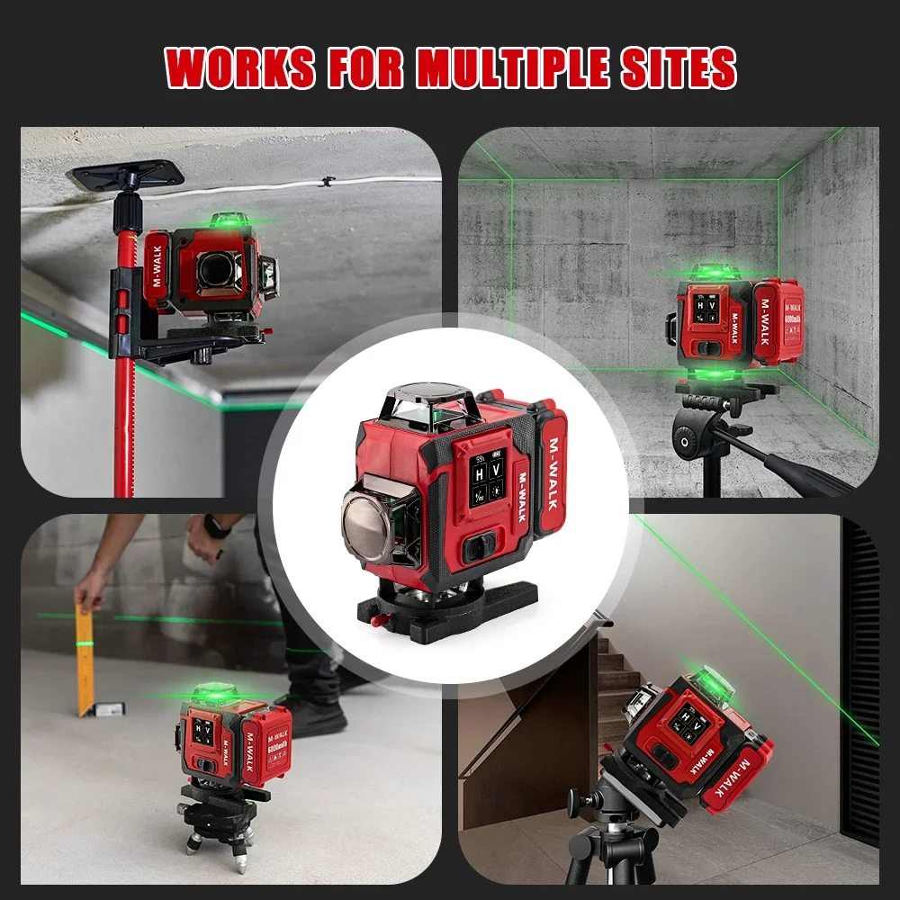 M-WALK Laser Level 16 Lines 4D Horizontal And Vertical Outdoor Self Leveling Green High-precision For Milwaukee 3.7V Battery Pin