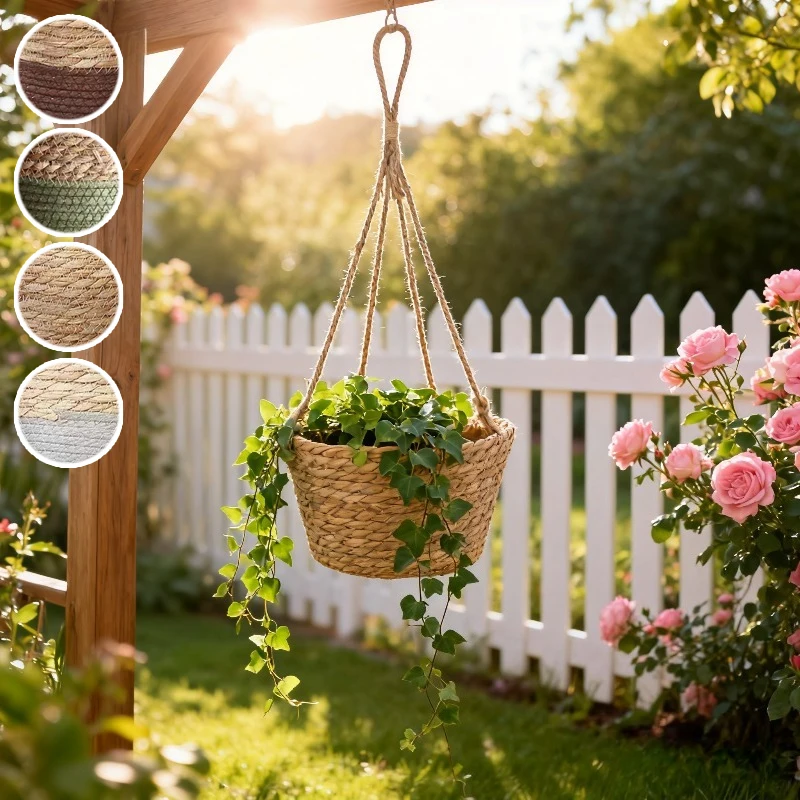 

1PC Bohemian Hanging Planter Basket Woven Jute Rope Seagrass Design Indoor Outdoor Plant Holder with Storage Home Garden Decor