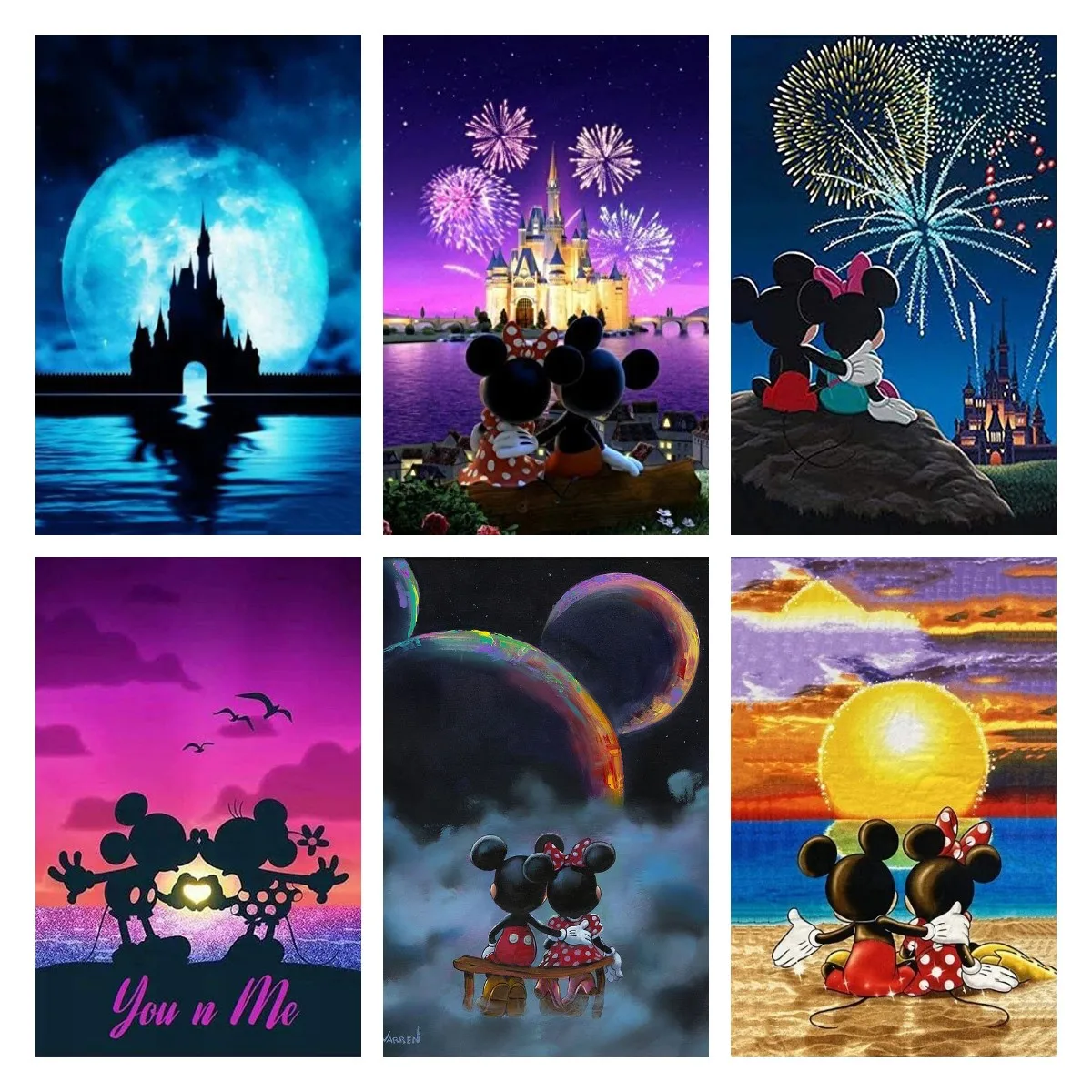 Canvas Painting Disney Mickey Minnie Sunset Scenery Fireworks View Picture Wall Art Painting Poster Print for Bedroom Home Decor