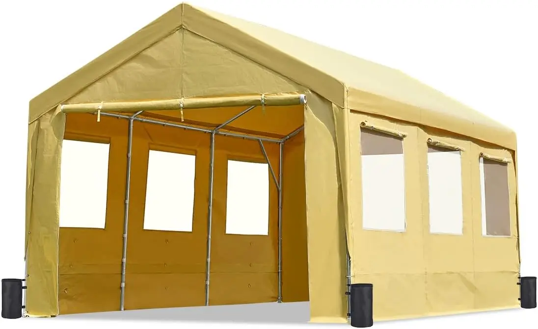 ADVANCE OUTDOOR 12x20 Ft Canopy Garage Heavy Duty Carport Car Boat Shelter Party Tent Adjustable Peak Height 9.5ft To 11ft Beige