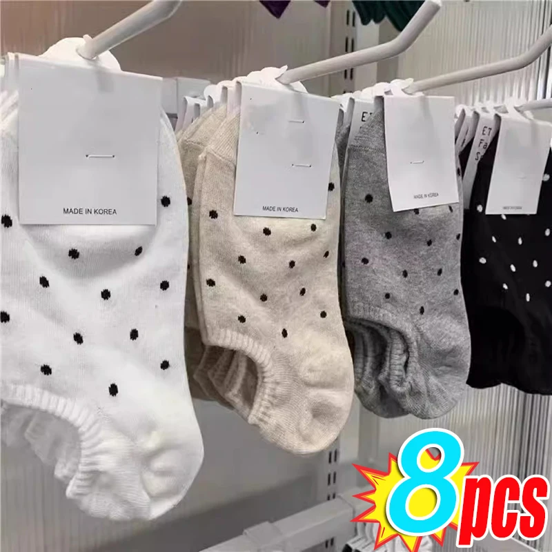 

4Pairs Simple Polka Dot Socks Black White Spotted Short Sock Pure Cotton Ankle Stocking Spring Summer Girl Sox Hosiery Japanese