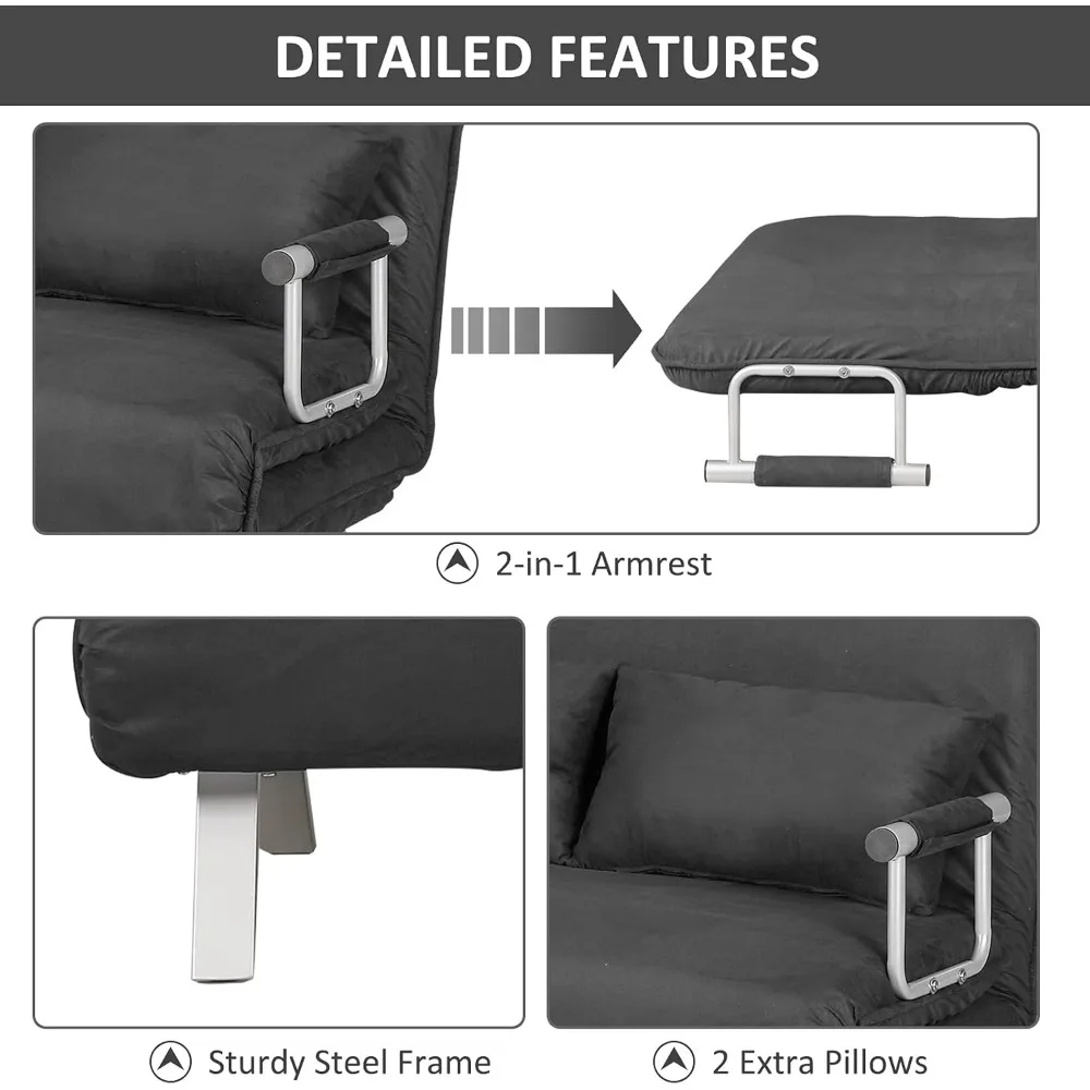 Adjustable Sofa Bed Chair with Pillows, 5-Position Reclining Sleeper Lounge