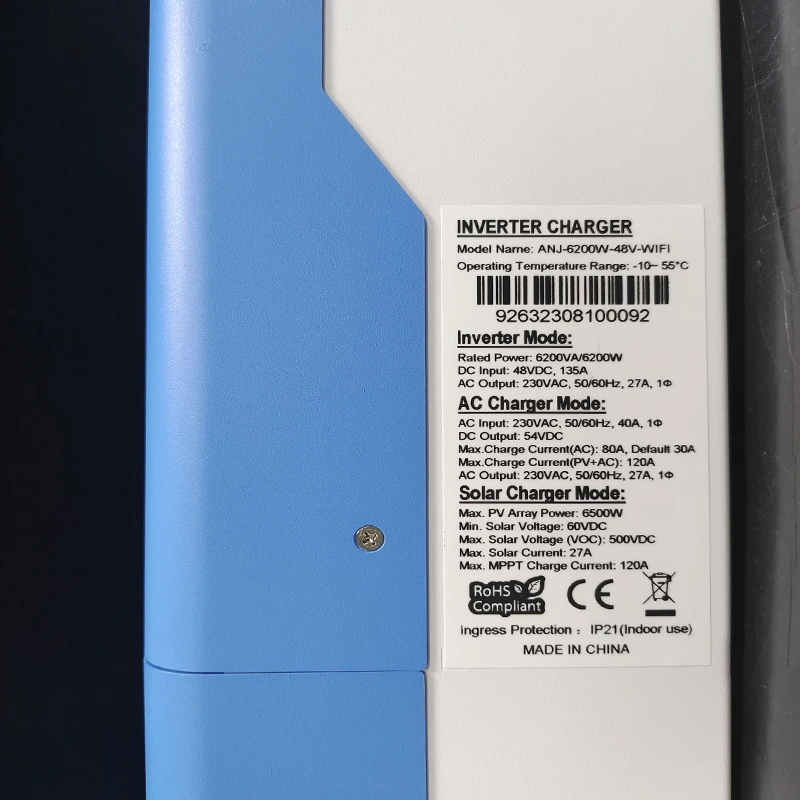 Imagem -02 - Inversor Solar Híbrido Off Grid Inversor de Onda Senoidal Pura pv 60500v Controlador de Carga Solar Integrado 120a Wifi 48v 230v ac 6.2kw