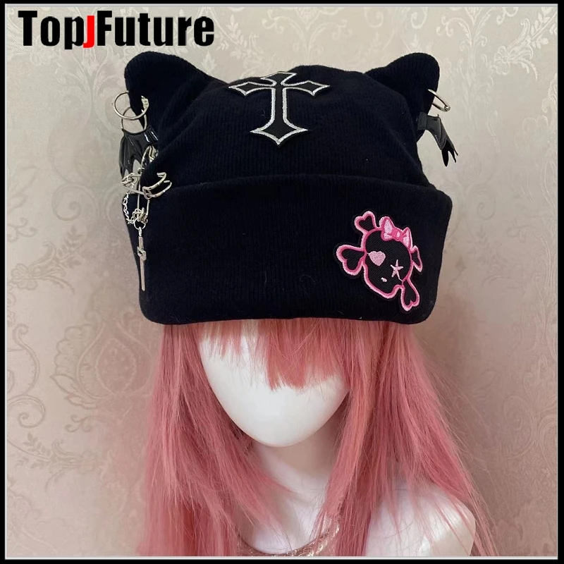 

Harajuku Gothic Lolita Cat Ear Hat Women Punk Cross Chain Subculture Spice Girl Beanie Hat Female Y2K Girls Accessories Cap