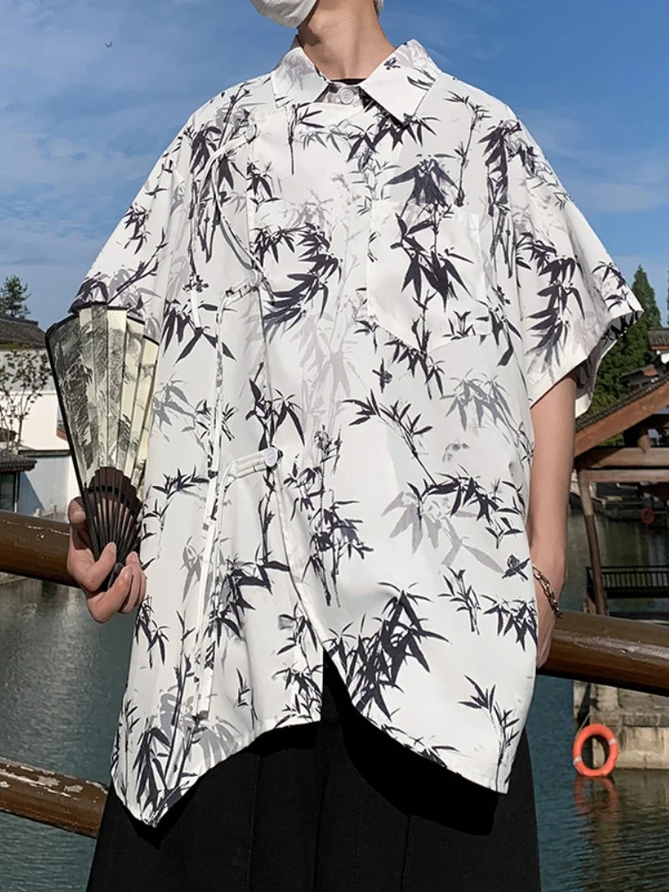 

Новая мужская рубашка в китайском стиле из ледяного шелка с коротким рукавом, летняя модная рубашка в стиле Тан, легкая рубашка с принтом в стиле Ханьфу