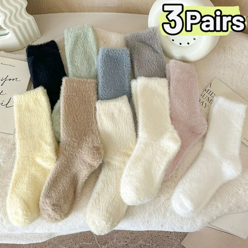 Candy Color Plush Mink Socks Women Girls Winter Kawaii Thicken Warm Socks Sweet Floor Fleece Mid-Tube Socks Simple Accessories