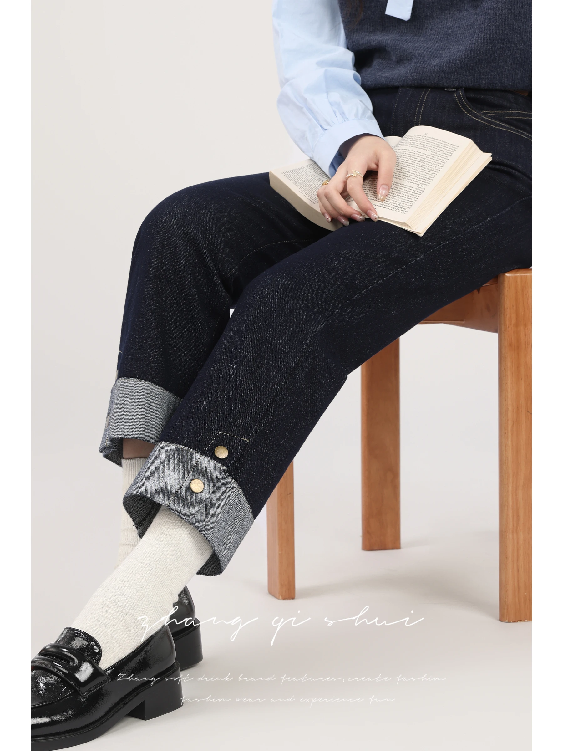 

Синие прямые джинсы с подкладкой Fce, женские осенне-зимние новые утягивающие брюки с девятью трубкой, повседневные широкие джинсы