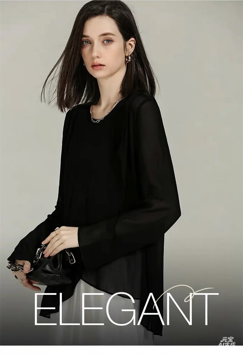 

French Elegant Long Sleeve Chiffon Shirt Sexy See-through Lightweight blouse Ladies plus Size Tops 6XL 7XL