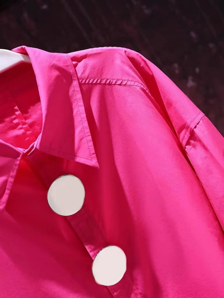 New In Autumn 2024 Rose Red Mid Length Oversized Cotton Shirts For Women Lantern Sleeve Buttons Up Blouses Tops Korean Popular