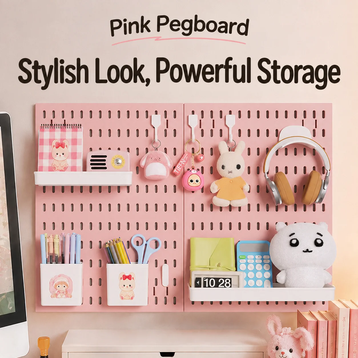 No Drill Pink Pegboard Wall Rack Organizer for Nail Polish Jewelry Craft Sewing Supplies Storage Display