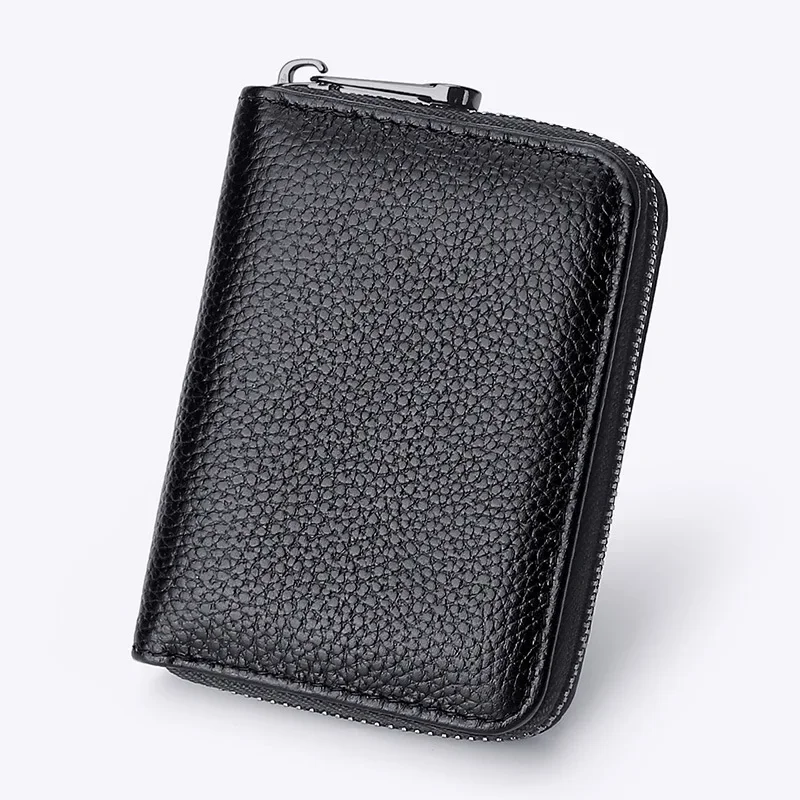 Genuine Leather Men Women Mini Short Wallet Cow Leather Coin Purse Solid Card Holder 20 Detents Card Slots Double Zipper Pocket