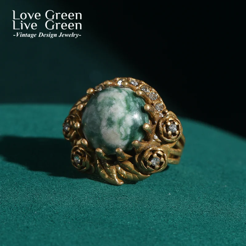 

Natural Stone Green Vintage Rings Gold Color Rose Camellia Flower Jewelry for Women Luxury Valentine's Day Gift Engagement New