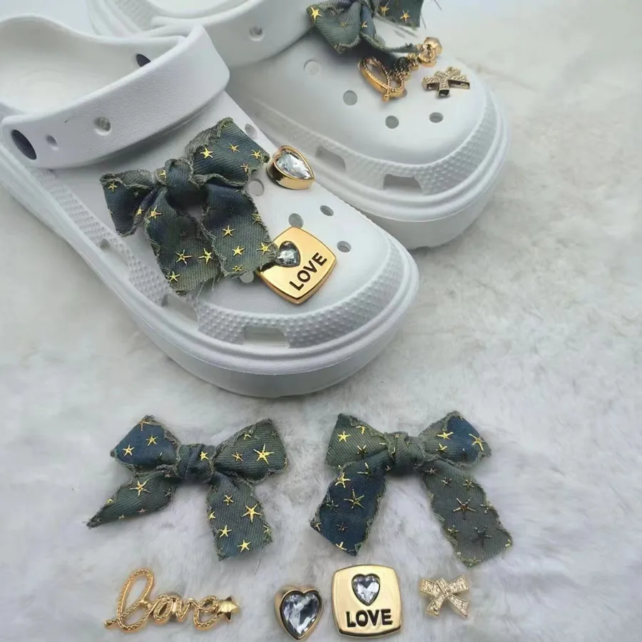 6 pcs/set Denim Bow Sports Sandals Accessory Sparkling Rhinestone DIY Decorative Buckle Shoes Flower Summer Slippers Decorative