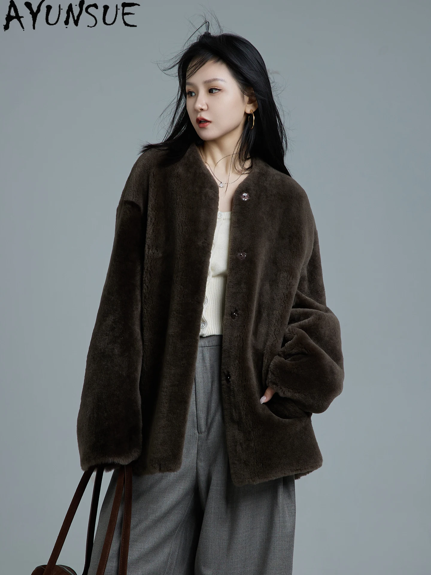 AYUNSUE Giacca in vera pelle da donna Cappotto di pelle di pecora merino Cappotti di vera pelliccia naturale Abiti invernali caldi Scollo a V femminile Шуба Ж Jayacud