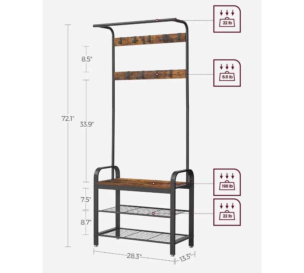 شجرة قاعة المدخل 4 في 1 مع مقعد أحذية، رف معطف وتخزين، بني ريفي وأسود، سهلة التجميع #5
