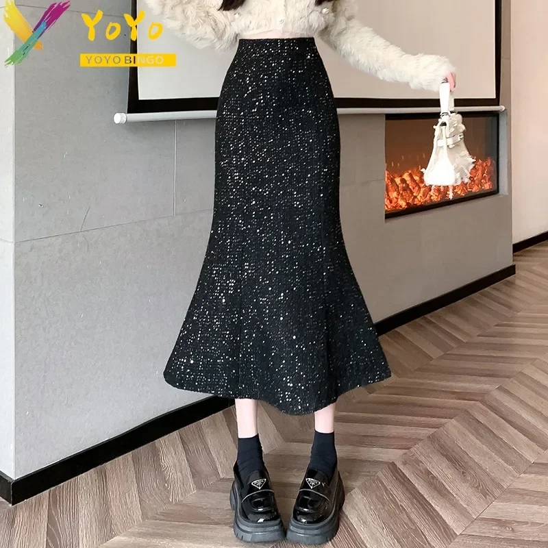 

Elegant Sequin Temperament Tweed High Waist Fishtail Skirt Autumn/winter 2024 Fashion Chic A-line Mid-length Skirt