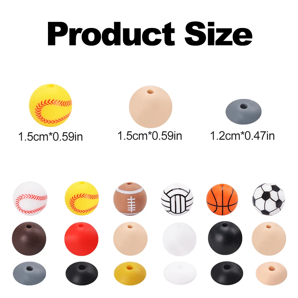 LOFCA 41 pcs/Set  Printed Silicone Beads Round 15MM Soccer Baseball bead Round Lentil  DIY KeyChain Necklace Jewelry accessories