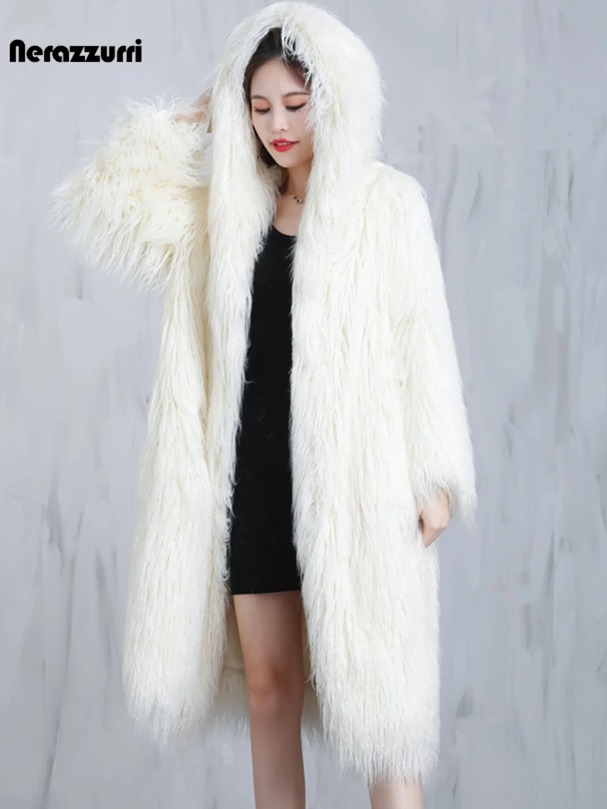 

Nerazzurri Women's White Fluffy Eco-friendly Beach Wool Jaet Long Coat with Hood Fake Fur Outerwear Korean Sle Long Sve