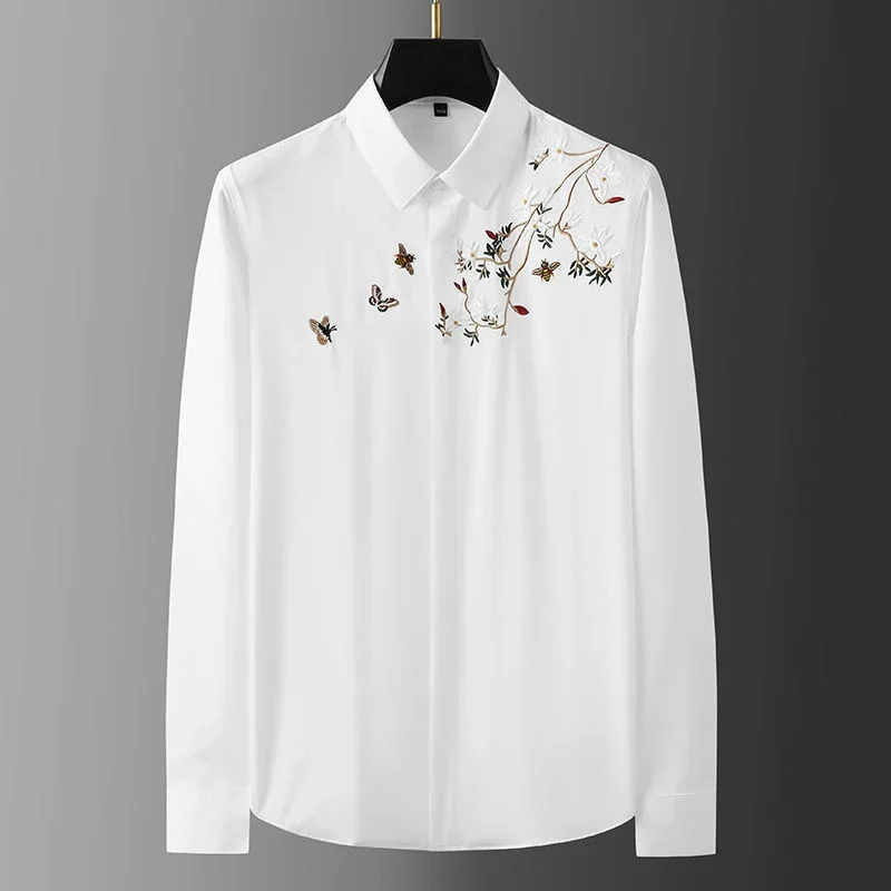 New Chinese Style Turn Down Collar Embroidery Long Sleeve Shirt Male Casual Fashion All-match Bottoming Blouse Top XT928