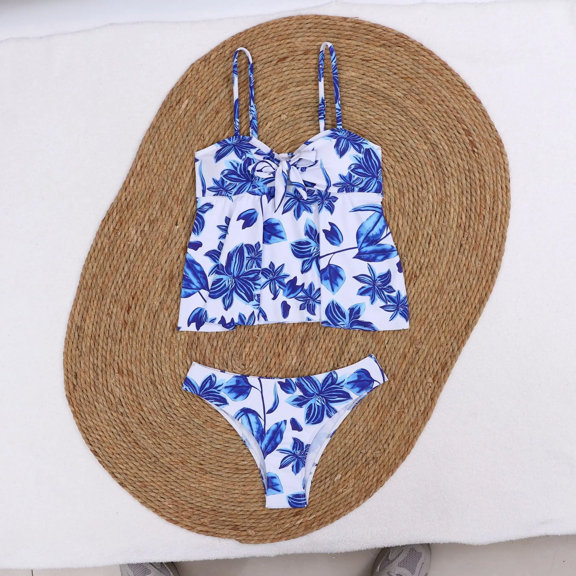 Women's 2 Piece Outfits Swimwear Bikini Set Leaves Print Sexy Sleeveless Backless Crop Tops Bikinis Set Bathing Suits