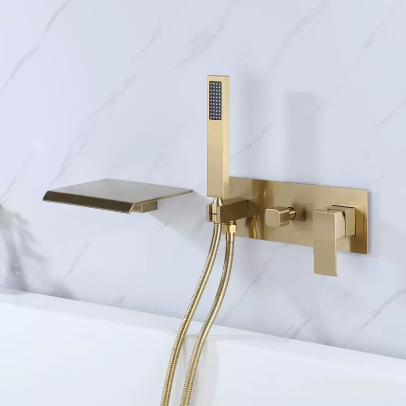 

Tuqiu Brushed Gold Bath and Shower Faucet Set Wall Mounted Brass Gray Waterfall Bathtub and Shower Mixer Bathroom Taps Brass