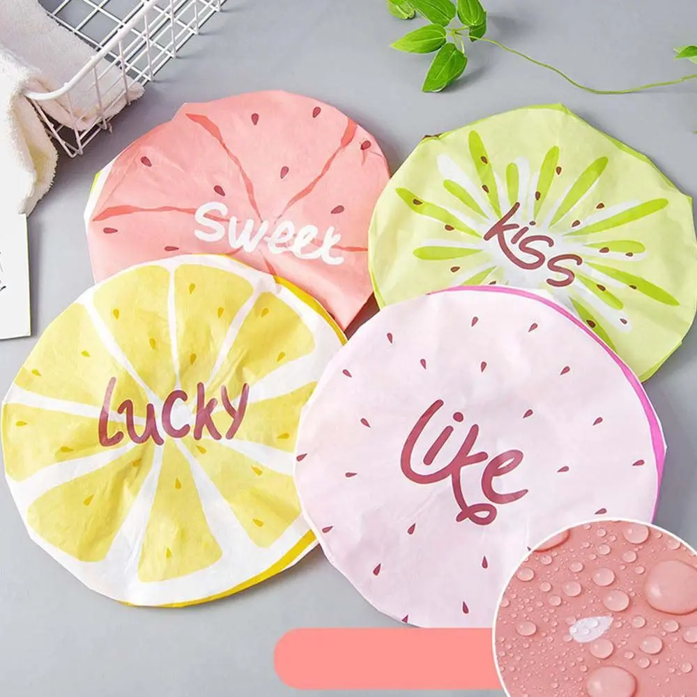 Cute Fruit Pattern Waterproof Shower Cap Cartoon Lace Elastic Band Bath Hat for Adults Women Bathroom Products