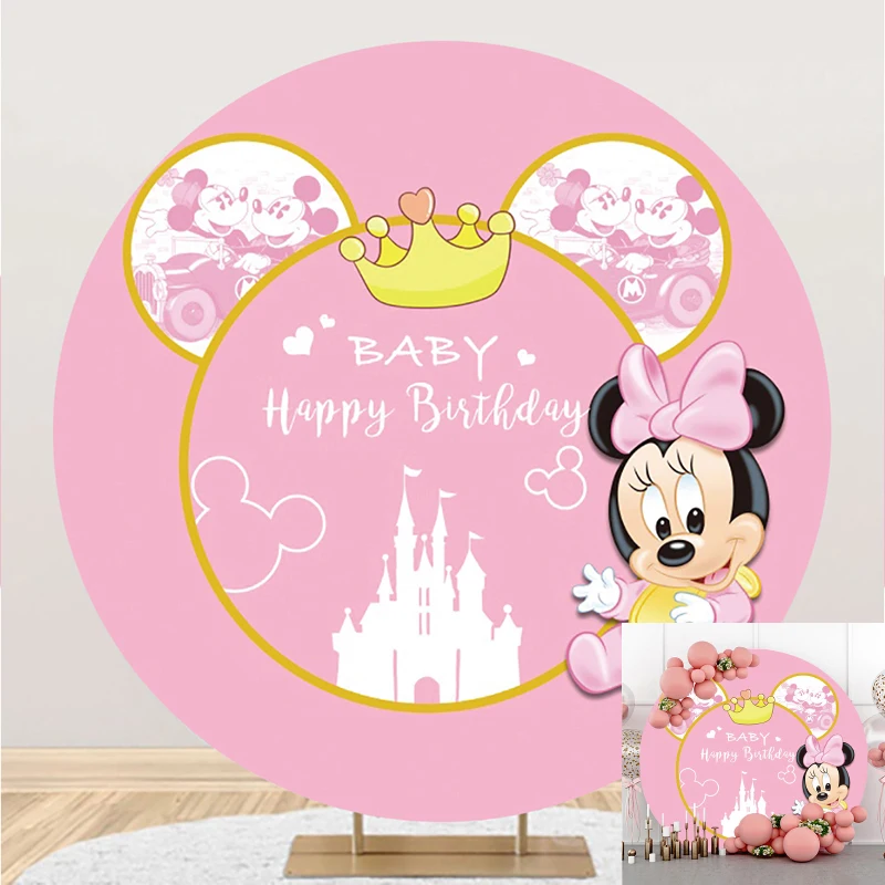 Baby Minnie Mouse Birthday Decorations Round Photo Backdrop Backgrounds For Photographs Baby Shower Girl Party Props Shooting