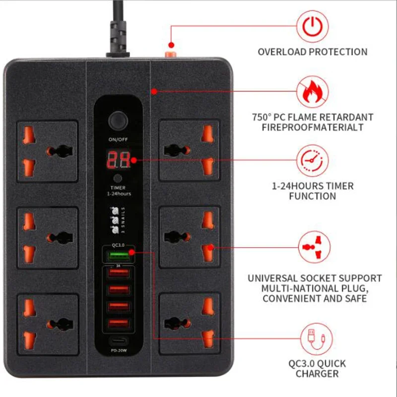 6 Ports USB QC3.0 Fast Charger Type-C/PD 18W Quick Charge Station Adapter 3000W 6 AC Outlets Power Strip