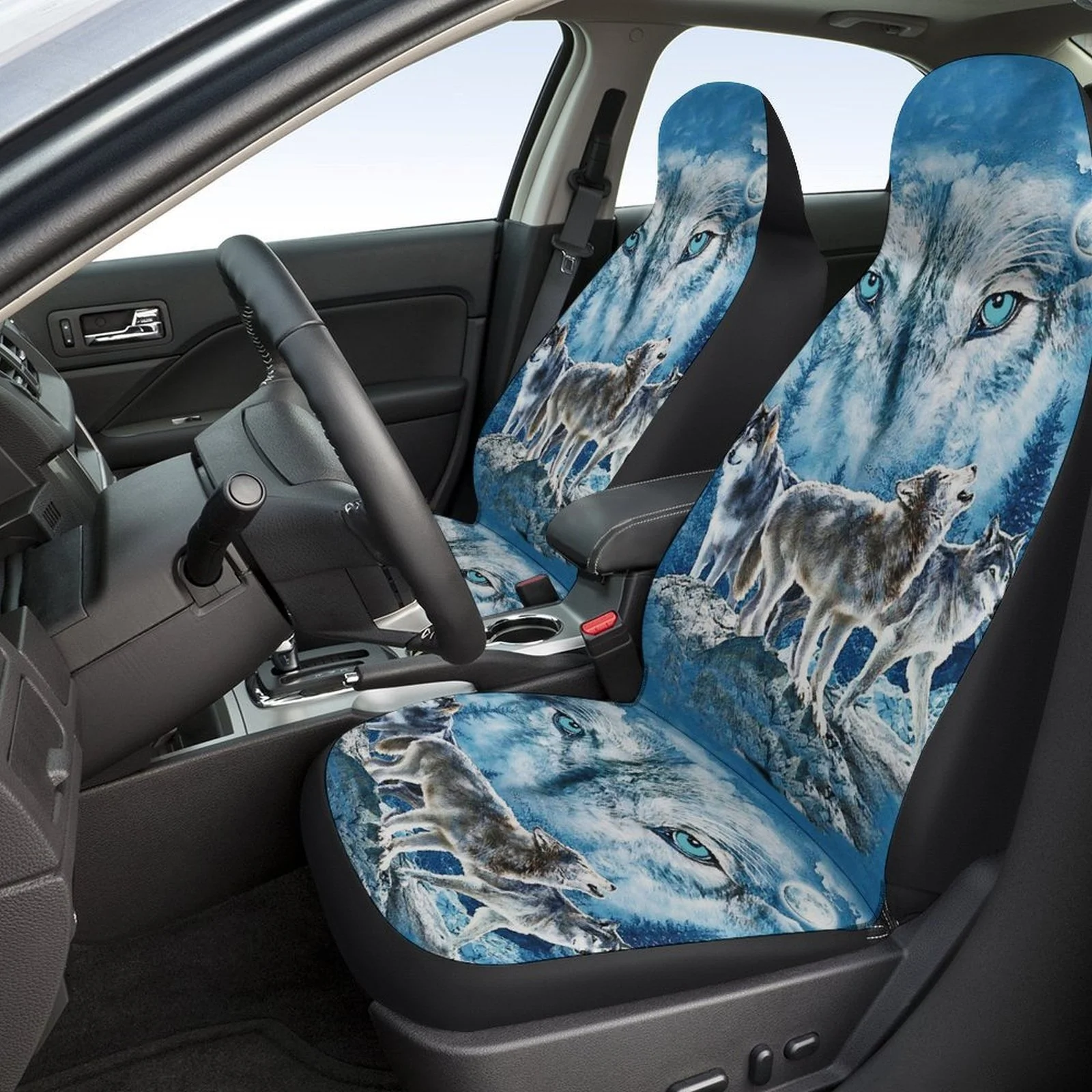 2pcs Of Animal Portrait Wolf Print Car Interior Covers, Breathable And Non-Slip, Front Covers For Cars.