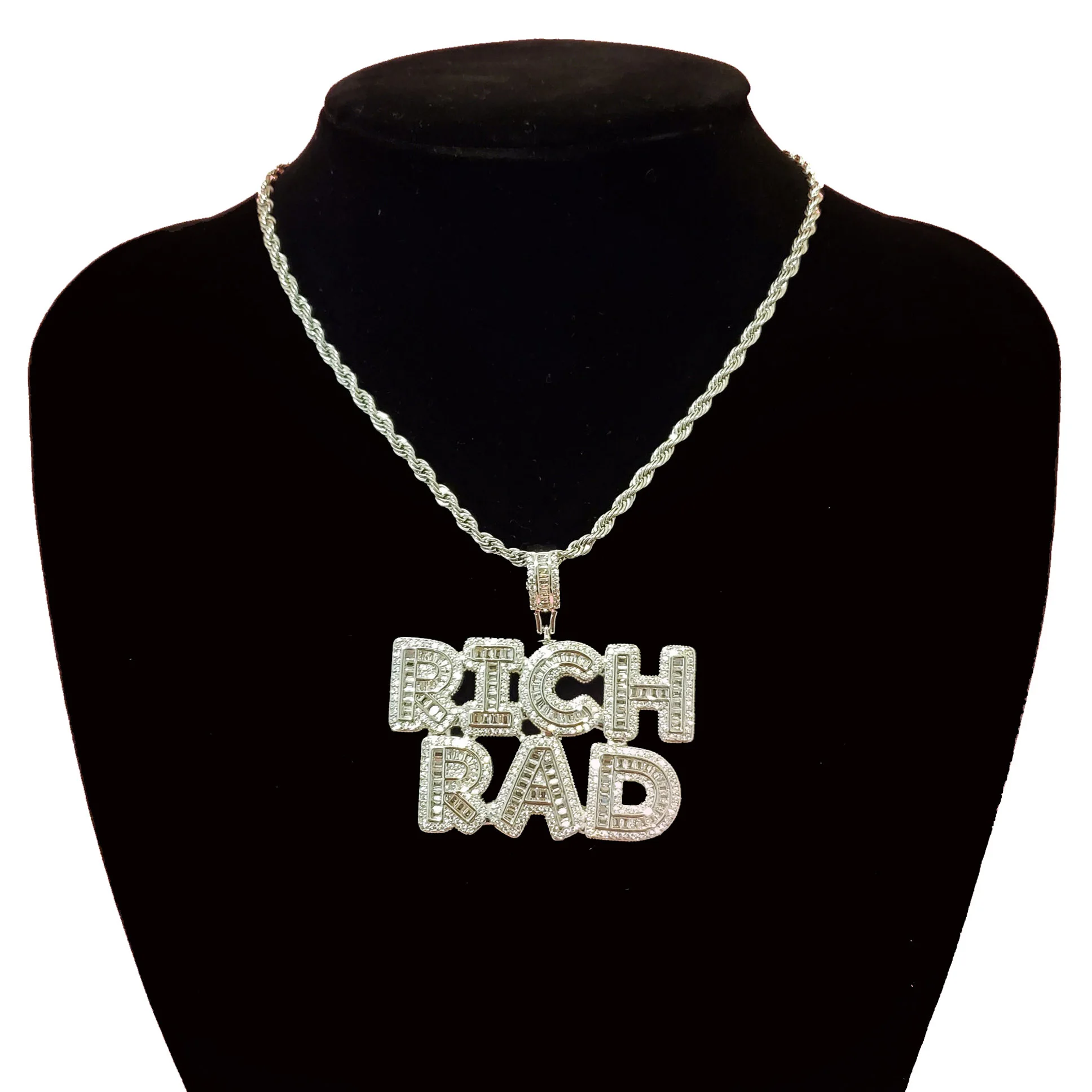 CUSTOM Icy Baguette Cubic Zirconia Letters Pendant with Stainless Steel Rope Chain Hip Hop Necklace Jewelry Gift for School Boy