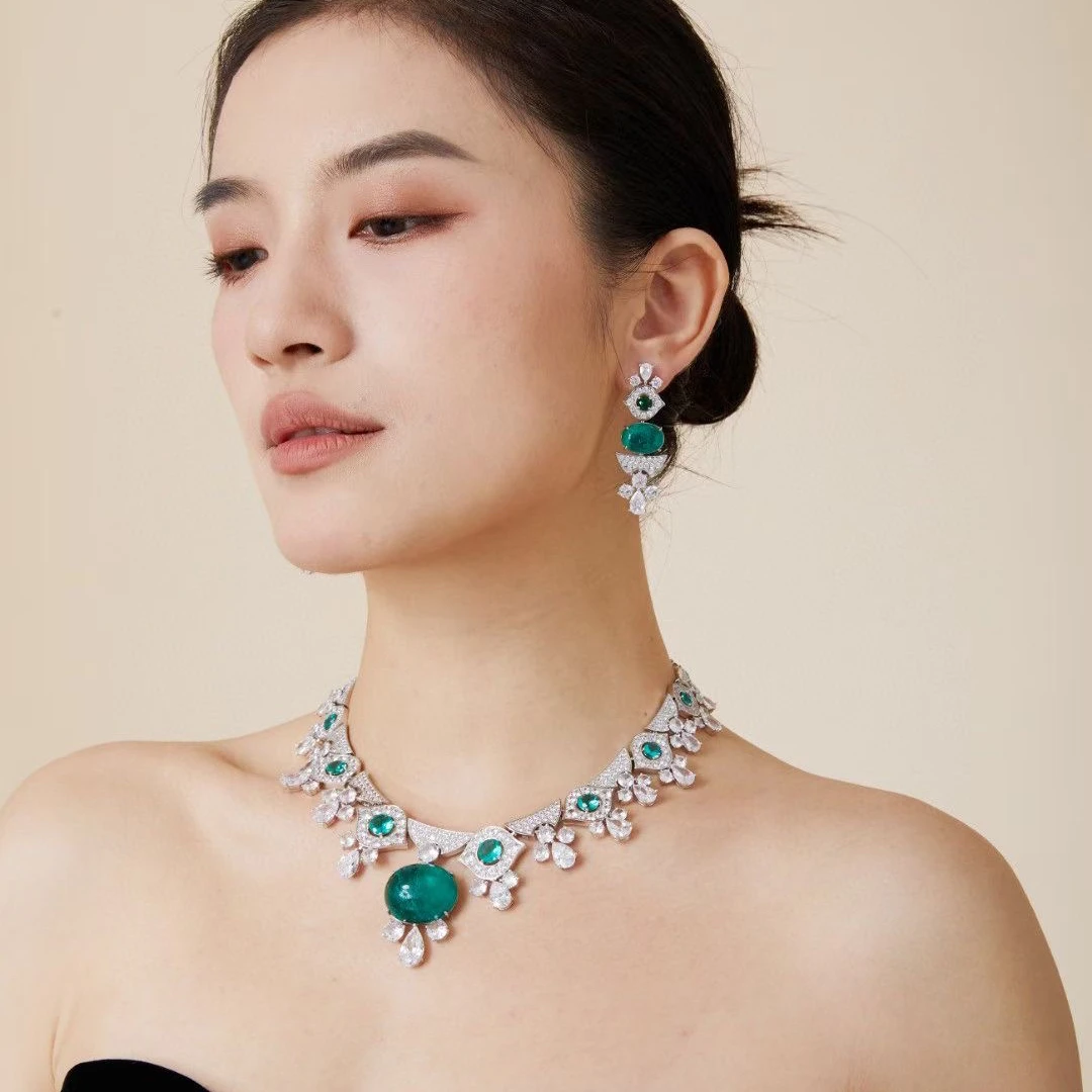 EYER Top Grade Temperament AAA Zircon designer Necklace For Women Luxury Green Drop Earrings Wedding Evening Dress Jewelry Set