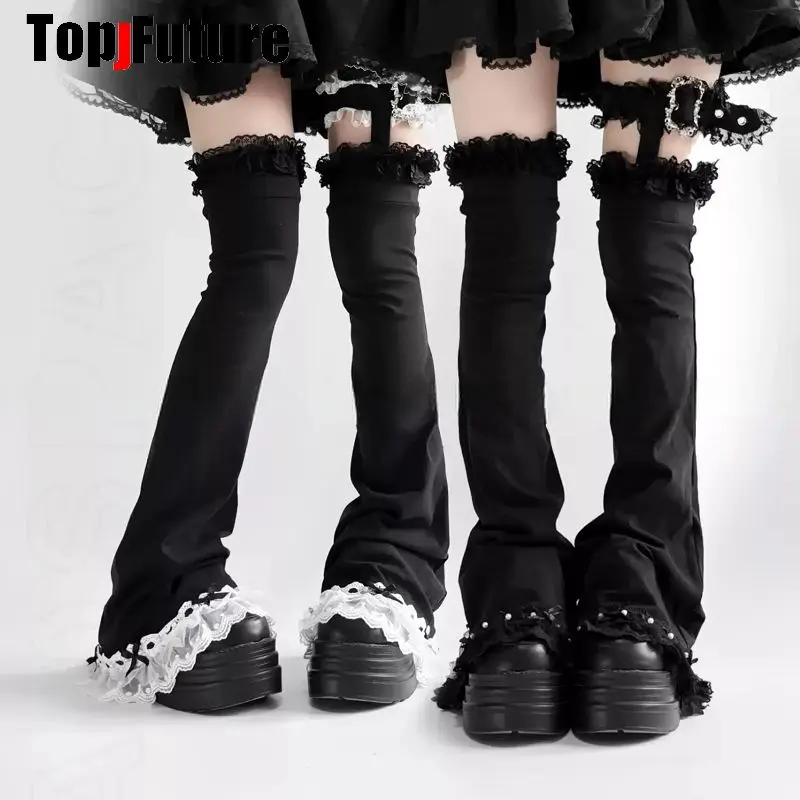 Gothic Lolita Y2K Punk Grunge Dark Academia Original Solid Color Subculture Garter Lace Trim Flared Over‑Knee Leg Warmers