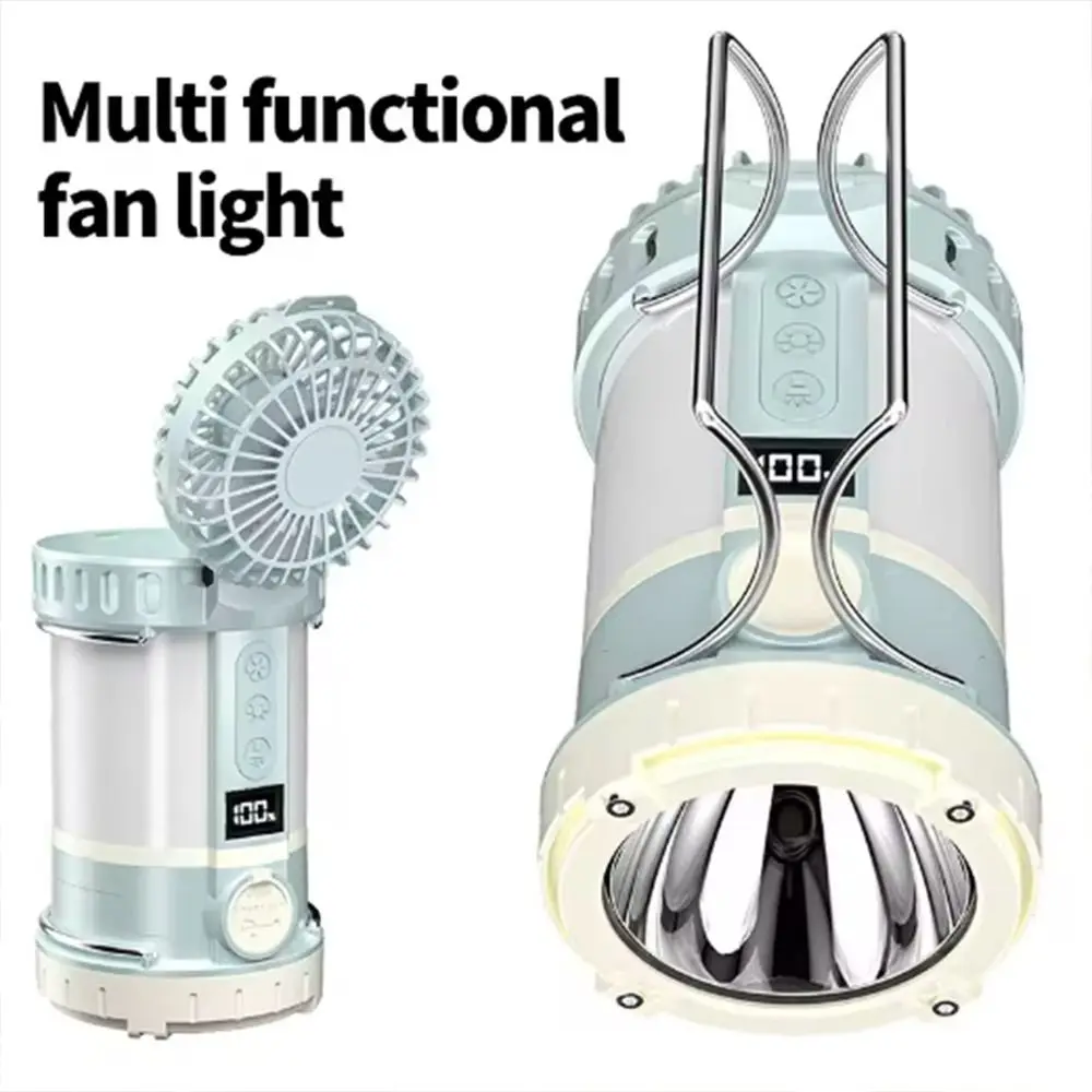 3-in-1 LED Light with Fan Three Wind Speed Rechargeable Camping Tent Light Multi-function Portable Searchlight Emergency