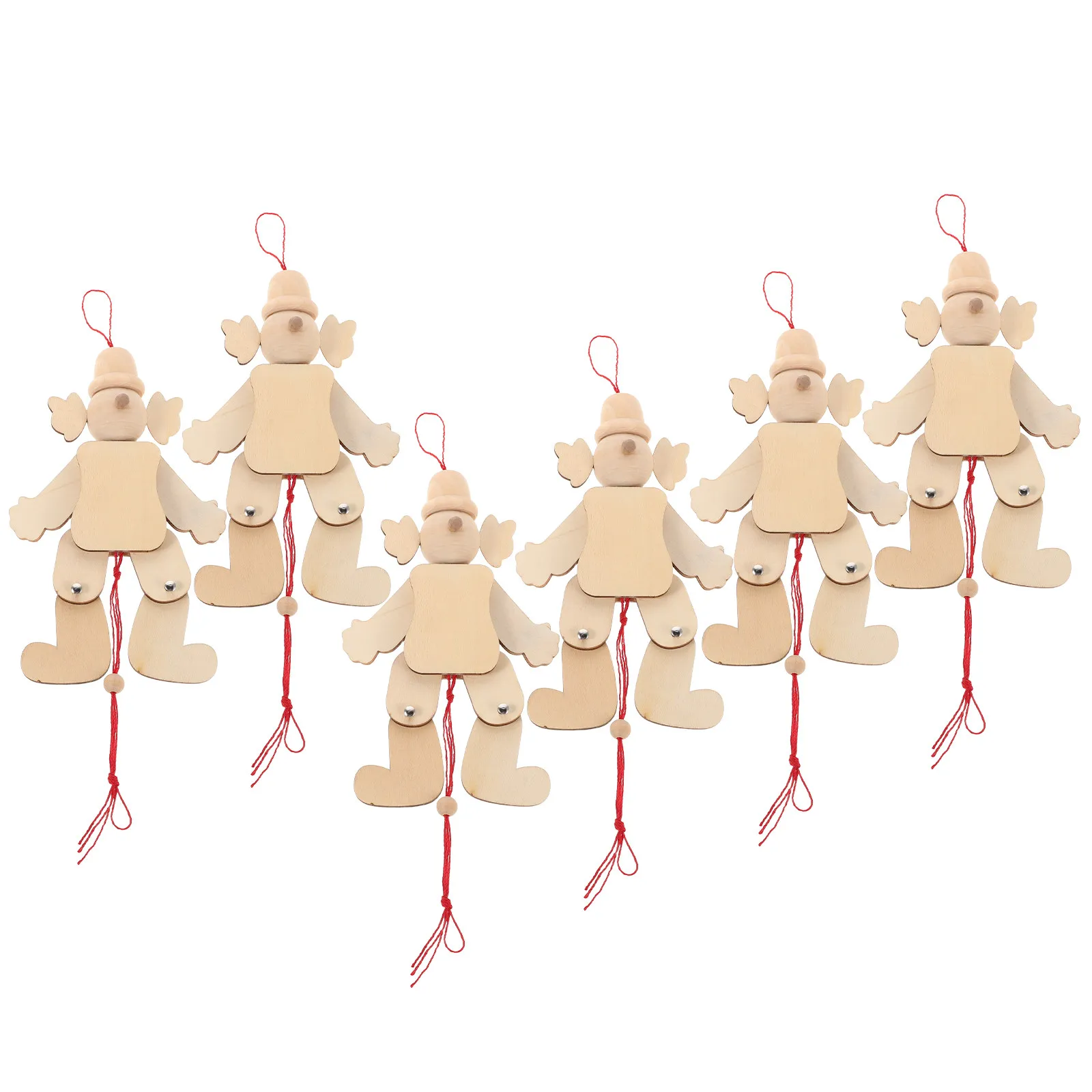 6Pcs Unfinished Wooden Marionette Clown Pull String Puppet for Kids Pretend Gathering School Event Portable No Power