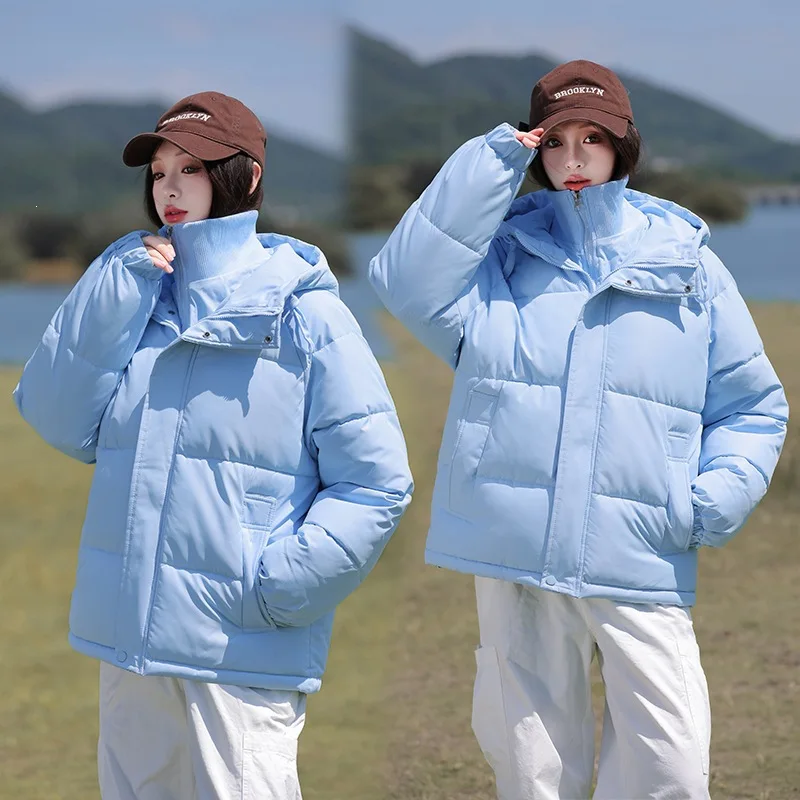 Thick Warm Mock Two‑Piece Puffer Coat Knit Neck Panel Attached Hood Side Patch Elastic Cuffs Windproof Cropped Winter Outerwear