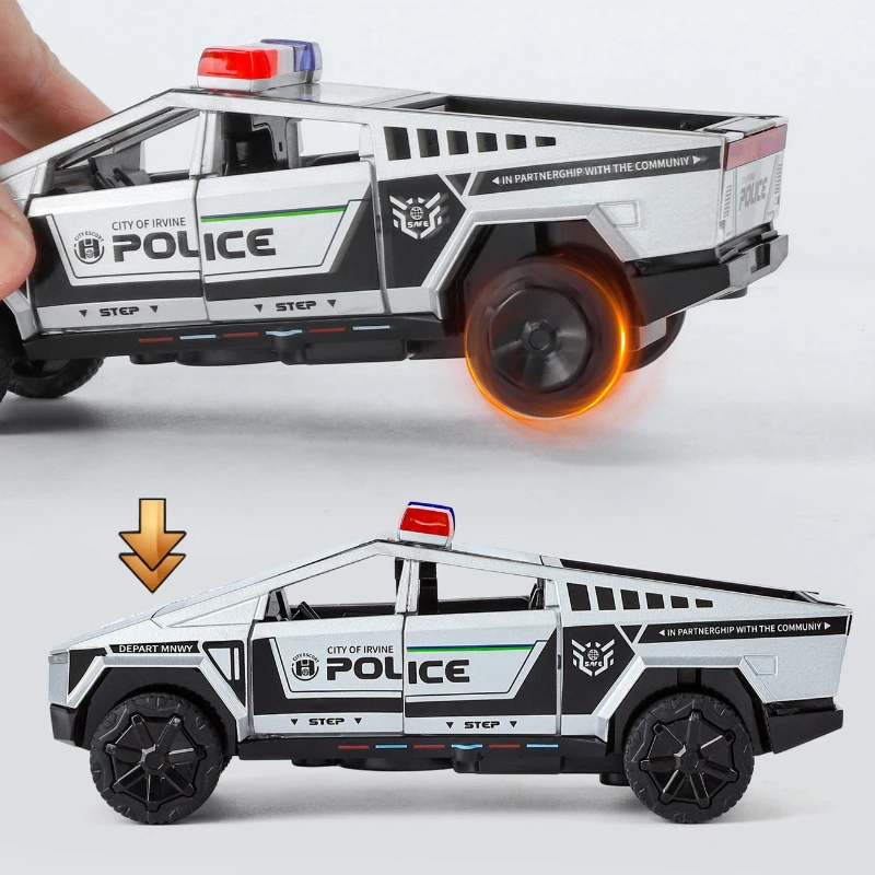1:32 Cybertruck coche de policía recogida coche de aleación modelo Diecast vehículo de juguete sonido luz imitación para niños juguetes de regalo de Navidad