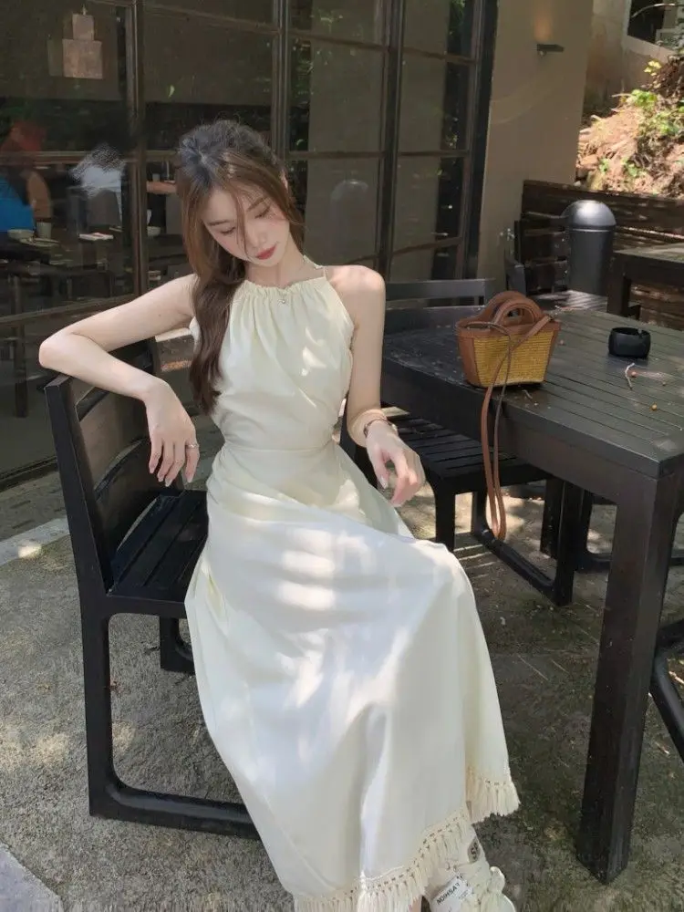 Vestido F Longo Sem Mangas, Estilo Praia, Com Decote Costas Nuas, Sem Alças, Com Cintura Ajustada, Para Férias de Verão