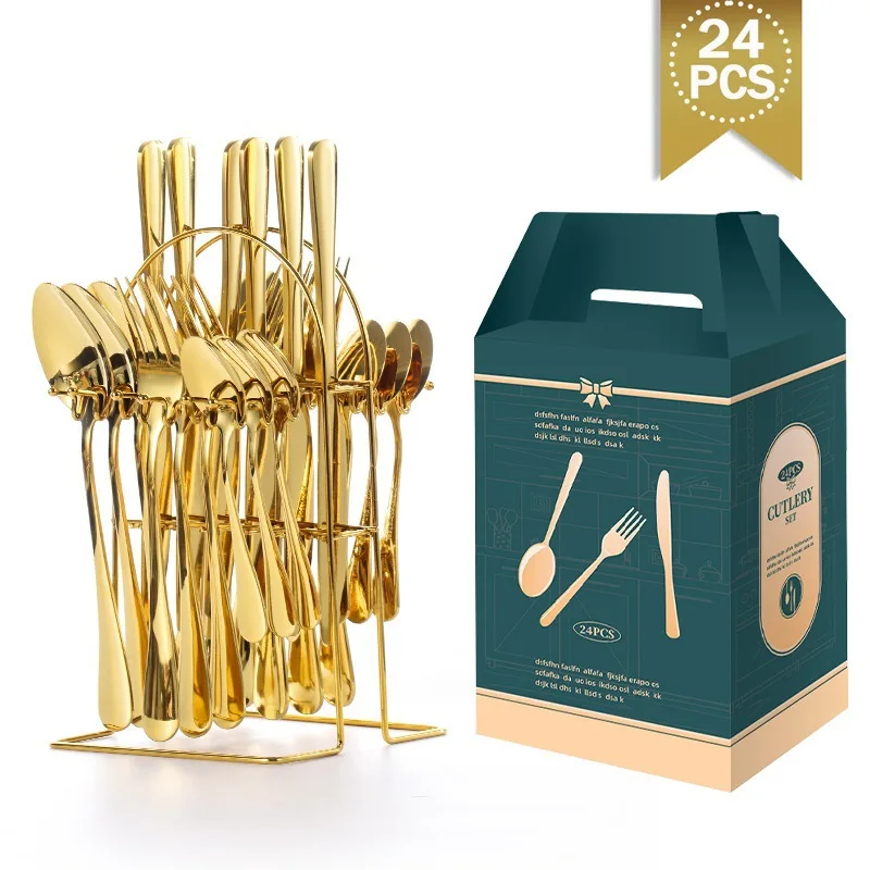 

24 Piece Stainless Steel Cutlery Set, Dinnerware Sets Western Style Golden Steak Knife, Fork, Spoon Gift Set Box Kitchen Tools