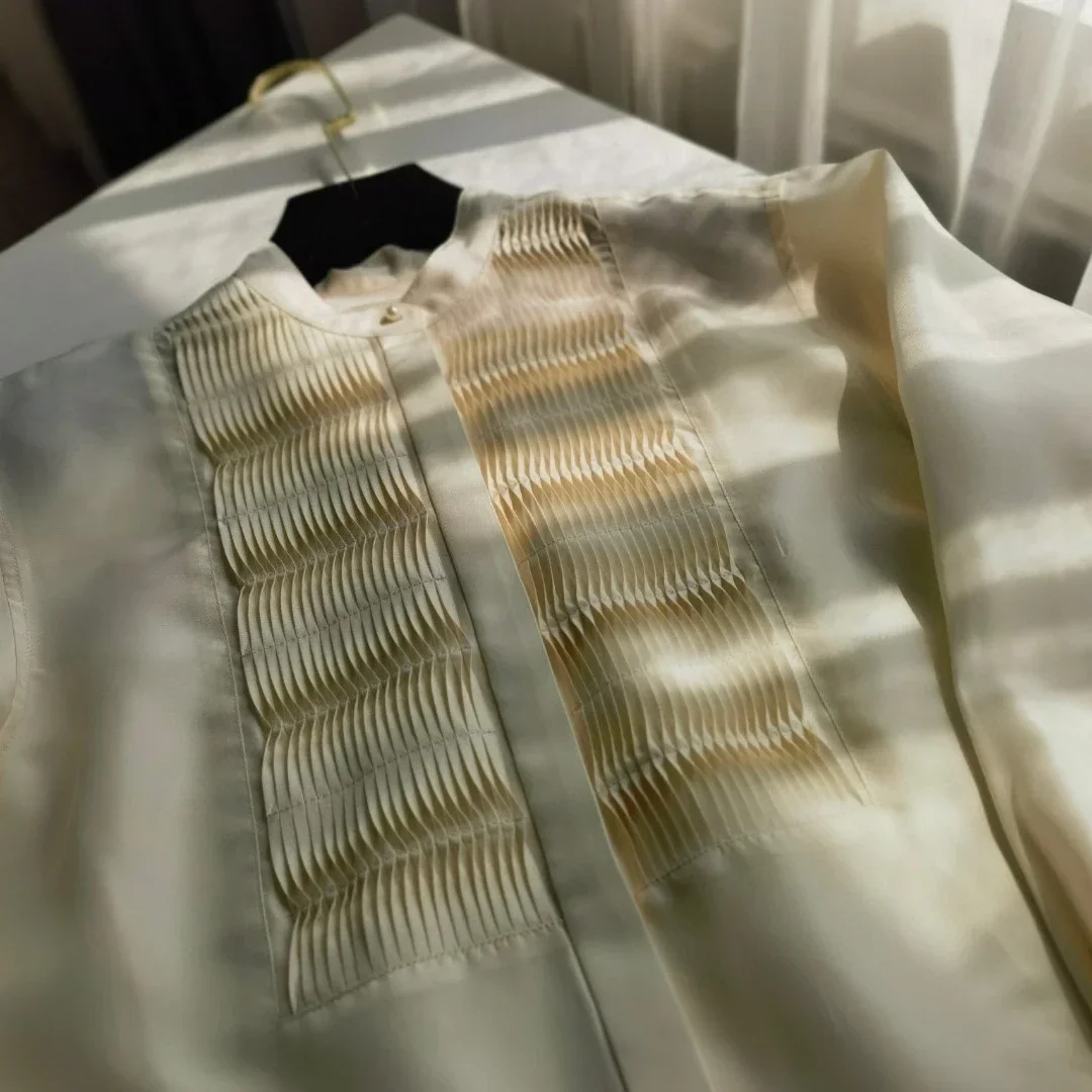 

Top Qulity Beige Long Sleeve Pleat Women Blouse 30mm Silk Habotal 2023 New Summer Autumn Shirt