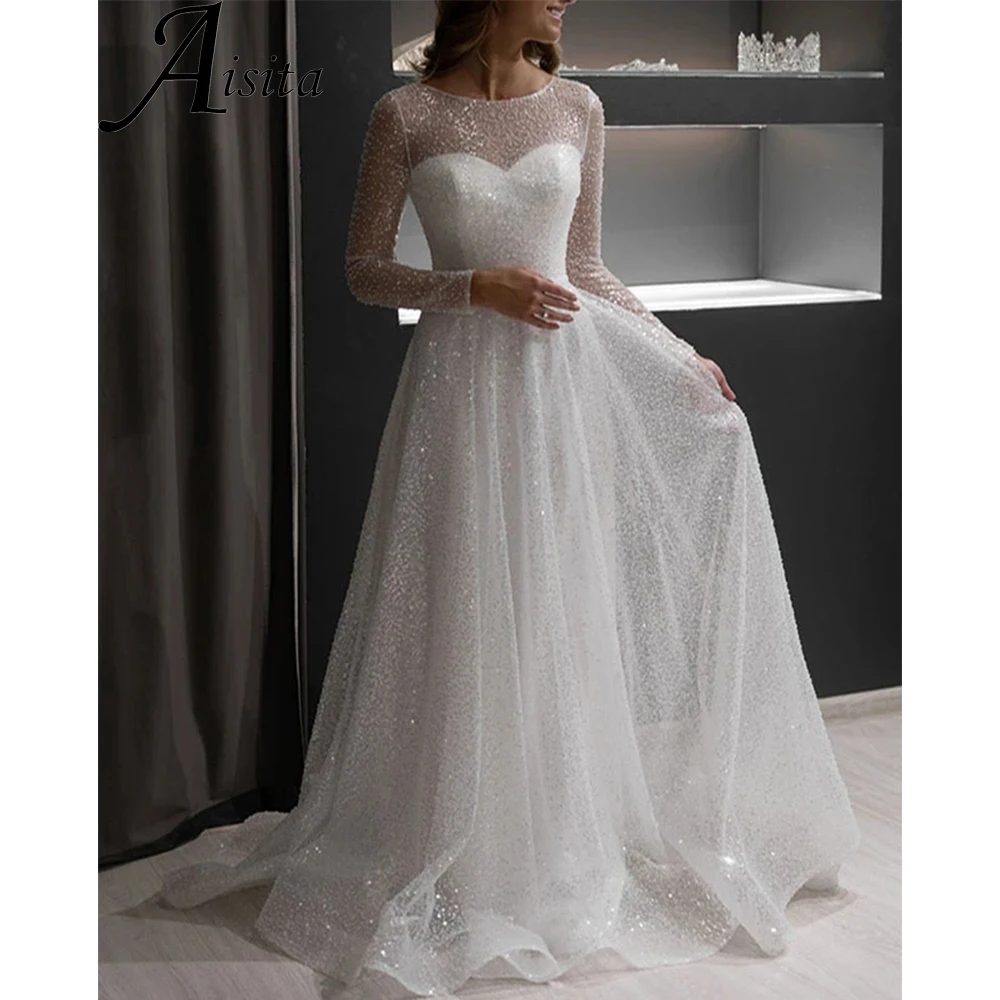 

Sparkly Round Neck Wedding Dress Long Sleeves Bride Dresses A-Line White Sequins Elegant and Pretty Women's Dresses Vestido