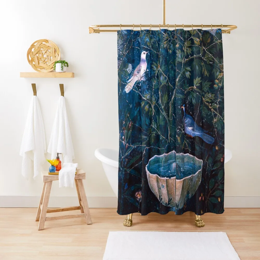 

POMPEII COLLECTION / DOVES AND FOUNTAININ GARDEN ,BLUEGREEN FLORAL Shower Curtain Shower Bath Curtain Luxury Bathroom Curtain